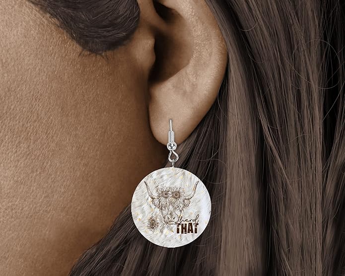 Round Wood Earrings Light Weight Printed Image Dangle Jewelry