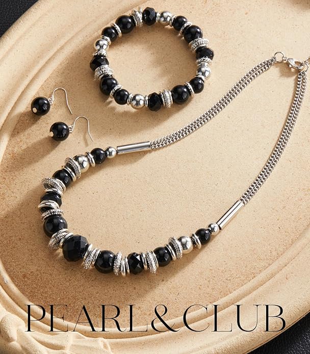 PEARL&CLUB Silver Beaded Statement Necklaces for Women Chunky Bead Necklace Bracelet and Earring Costume Jewelry Sets Gifts for Mom