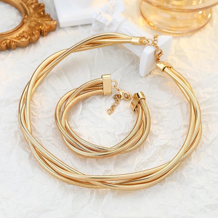 Chunky Gold Necklace for Women, Bold Big Wrap Choker Necklace for Women Gold Statement Necklace Lightweight Alloy Non-Tarnish Silver/Gold Collar Necklace Gold Choker Necklace Valentines Day Gifts for Her