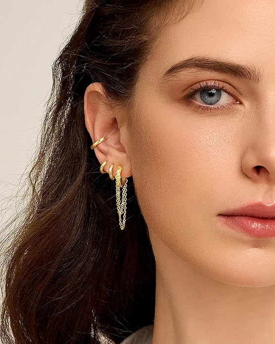 Tassel Chain Small Gold Hoop Dangle Earring For Women Huggie Earring Heart Star CZ 14K Gold Plated Fashion Jewelry Friendship Gift