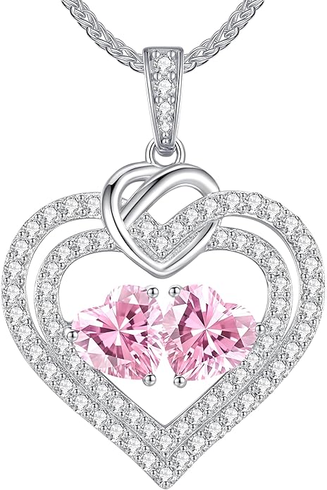 LOUISA SECRET Sparkling Double Heart Birthstone Necklaces for Women, 925 Sterling Silver Fine Jewelry, Pendant Heart Necklaces Birthday Anniversary Christmas Gift for Women Wife Mom Girlfriend Lady