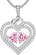 LOUISA SECRET Sparkling Double Heart Birthstone Necklaces for Women, 925 Sterling Silver Fine Jewelry, Pendant Heart Necklaces Birthday Anniversary Christmas Gift for Women Wife Mom Girlfriend Lady