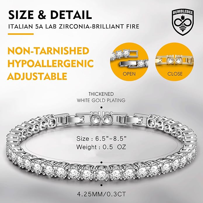 BUMBLEBEE Handmade Tennis Bracelet for Women, 14K Gold Plated, 12.96 CTTW Italian 5A Cubic Zirconia, Hypoallergenic, Adjustable 6–7.5 Inch Jewelry Gift Anniversary, Birthday, Valentine’s Day