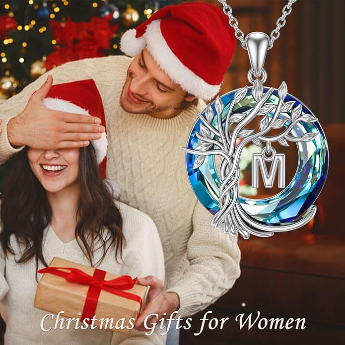 TOUPOP Gifts for Women Tree of Life Necklace 925 Sterling Silver Initial Pendant Family Tree Crystal Jewelry Valentine's Day Birthday Gifts for Her Mom Wife Girlfriend Daughter