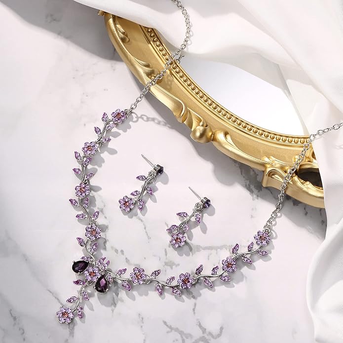 BriLove Women's Wedding Jewelry Leaf Cluster Flower Crystal Dangle Earrings Pendant Necklace Set for Bridal