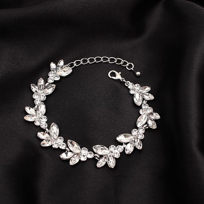 Bridal Wedding Crystal Leaf Choker Necklace Dangle Earring Bracelet Brides Bridesmaid Jewelry Set for Women