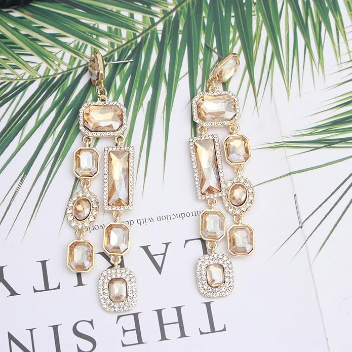 Vintage Rectangle Teardrop Chandelier Earrings, Art Deco Wedding Austrian Crystal Drop Dangle Earrings for Women Party Prom