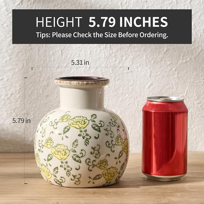 SIDUCAL Ceramic Vintage Vase, 5.91 Inch Retro Ice Cracked Chinoiserie Floral - Image 2