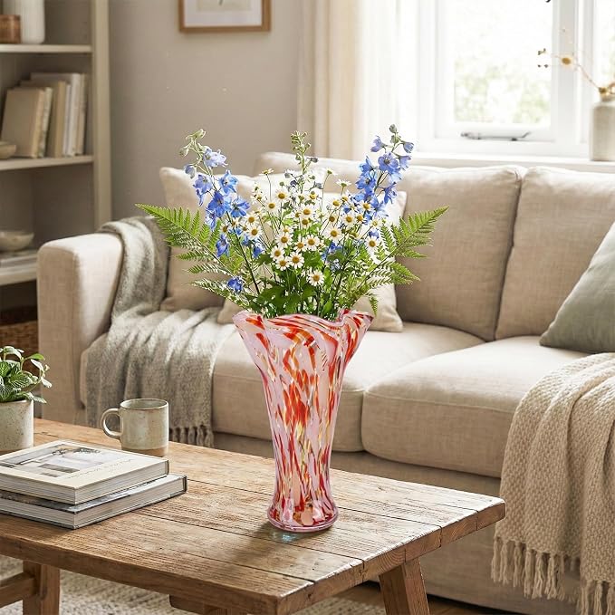 9.0" H Blush Pink Glass Vases for Flower, Unique Hand Blown Glass Vase | Wide - Image 5