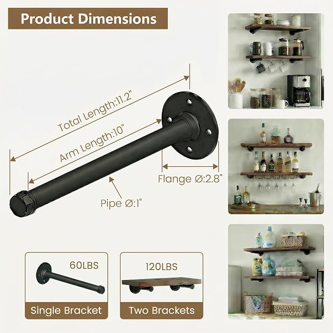 Industrial Black Iron Pipe Shelf Brackets 10 Inch Wall Mount DIY Shelving - Image 4