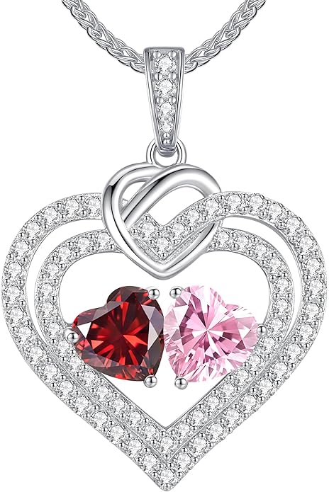 LOUISA SECRET Sparkling Double Heart Birthstone Necklaces for Women, 925 Sterling Silver Fine Jewelry, Pendant Heart Necklaces Birthday Anniversary Christmas Gift for Women Wife Mom Girlfriend Lady
