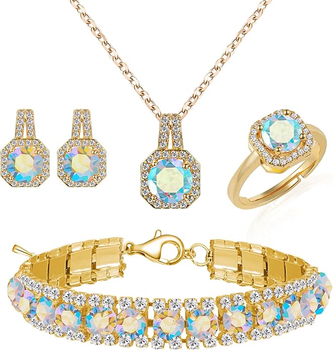 4pcs Cubic Zirconia Wedding Jewelry Sets for Bride Bridesmaid Cubic Zirconia Pendant Necklace Earrings Link Tennis Bracelet Open Ring Set for Women