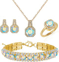 4pcs Cubic Zirconia Wedding Jewelry Sets for Bride Bridesmaid Cubic Zirconia Pendant Necklace Earrings Link Tennis Bracelet Open Ring Set for Women