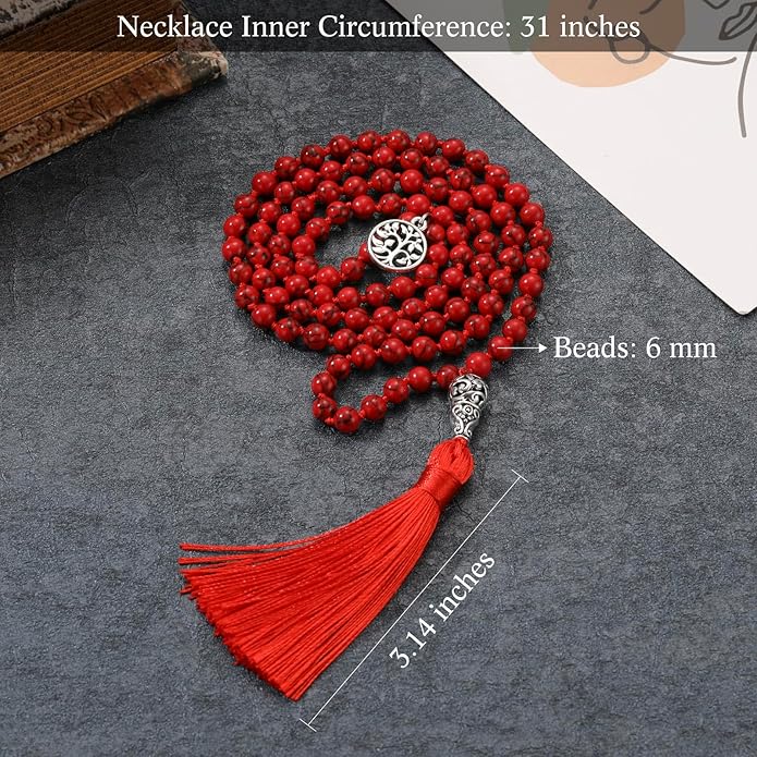 INBLUE 108 Mala Prayer Beads Wrap Necklace with Long Tassel Boho Necklace for Women Amazonite Bead Bracelet with Spiritual Tree of Life Pendant 108 Beads Necklace for Meditation
