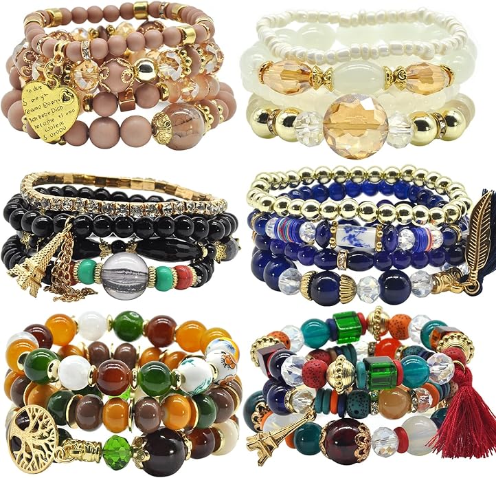 Bohemian Bracelet Sets for Women - 6 Sets Stackable Stretch Bracelets Multi-color Boho Jewelry for Women Hippie Bracelets Dainty Jewelry