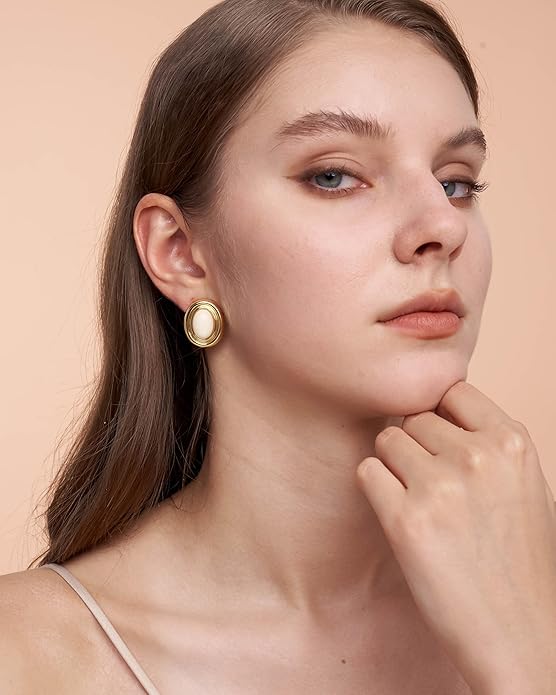 18K gold plated Medium Oval Button Chunky Statement Earrings for Women by SNGIA, (Turquoise, Carnelian, Aventurine, Amethyst, Malachite, Cat Eye, White, Cream) Bold Handmade Colored (Red, Blue, Green, White, Cream, Purple) Exaggerated Dome Retro Rounde...