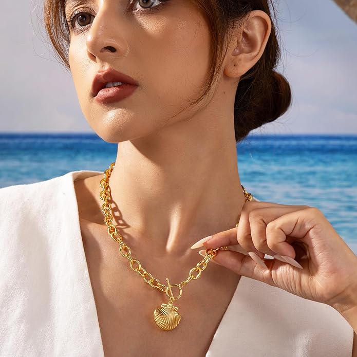 Chunky Gold Heart Necklace for Women，14K Gold Plated Puffy Heart Pendant Bold Chain Necklace with Toggle Clasp，Waterproof Non Tarnish Hypoallergenic Chunky Statement Jewelry Gift for Women