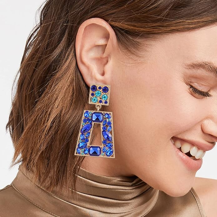 Rhinestone Rectangle Statement Earrings Colorful Crystal Geometric Drop Dangle Earrings for Women Prom Party