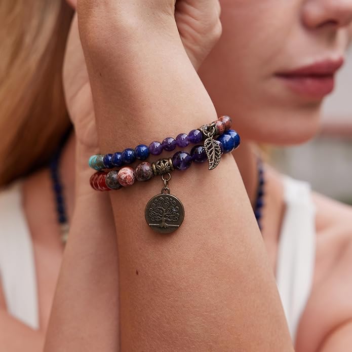 Bivei Natural Semi Precious Gemstone beads bracelet for women - Life Tree and Leaf Charm Energy Reiki Crystal Stretch Bracelets