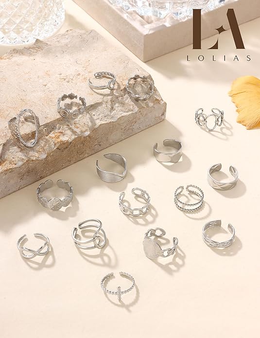 LOLIAS 16Pcs Stackable Stainless Steel Rings for Women Chunky Silver Rings Non Tarnish Ring Open Adjustable Thumb Finger Statement Ring Set