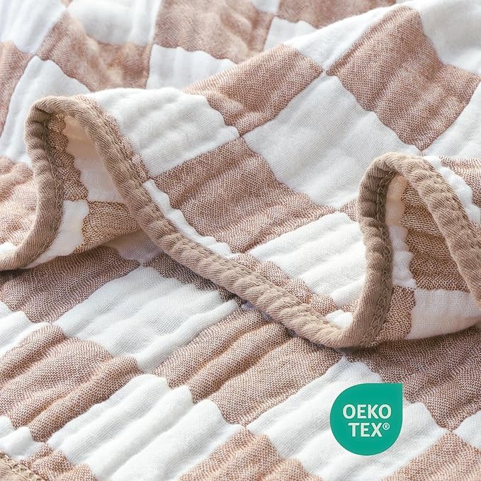 Ultra Soft Muslin Baby Blanket Neutral Versatile 6 Layers Swaddle and Bed Blanket for Babies, Toddlers, Boys or Girls Coffee Checkered 43 x 43 Inches