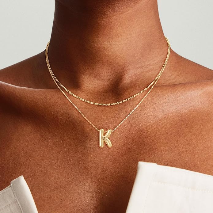 Initial 14K Gold Plated Necklaces for Women, Layered Bubble Letter A-Z Necklace Pendant Choker Necklaces for Women Trendy Monogram Name Necklace Personalized Jewelry for Women