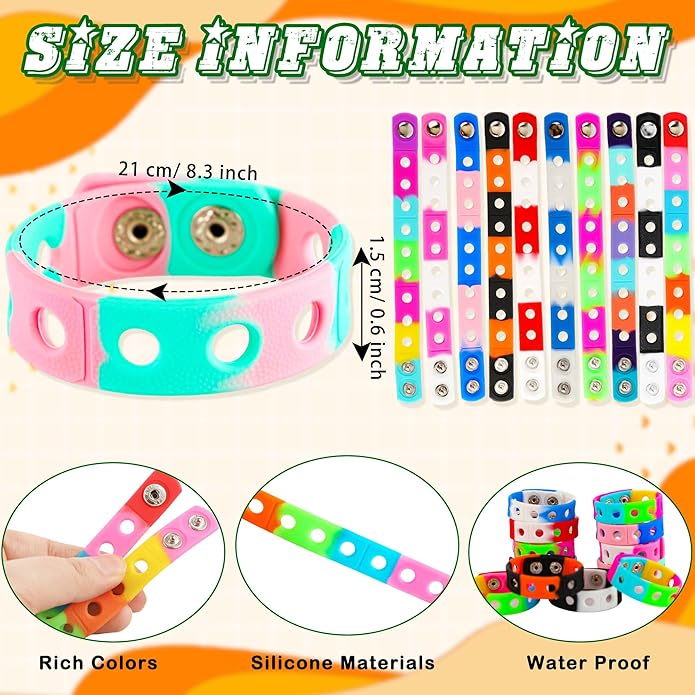 66 Pcs Silicone Charm Bracelets Adjustable Cute Kids Rubber Bracelets Bulk Colorful Wristbands with Holes for Shoe Birthday Party Gifts Identify, 11 Colors