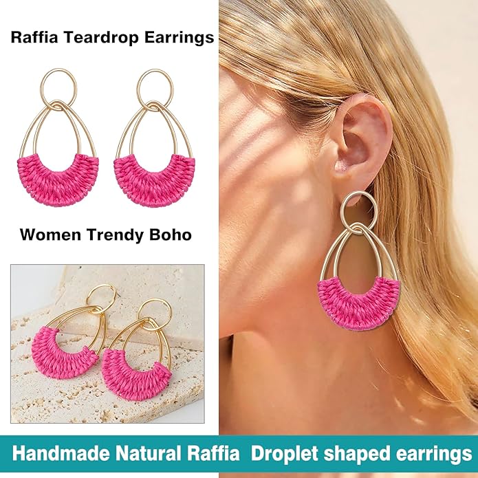 Raffia Hoop Earrings for Women Fun Boho Summer Beach Earrings Lightweight Handmade Straw Wicker Rattan Dangle Earrings Statement Geometric Round Drop Earrings