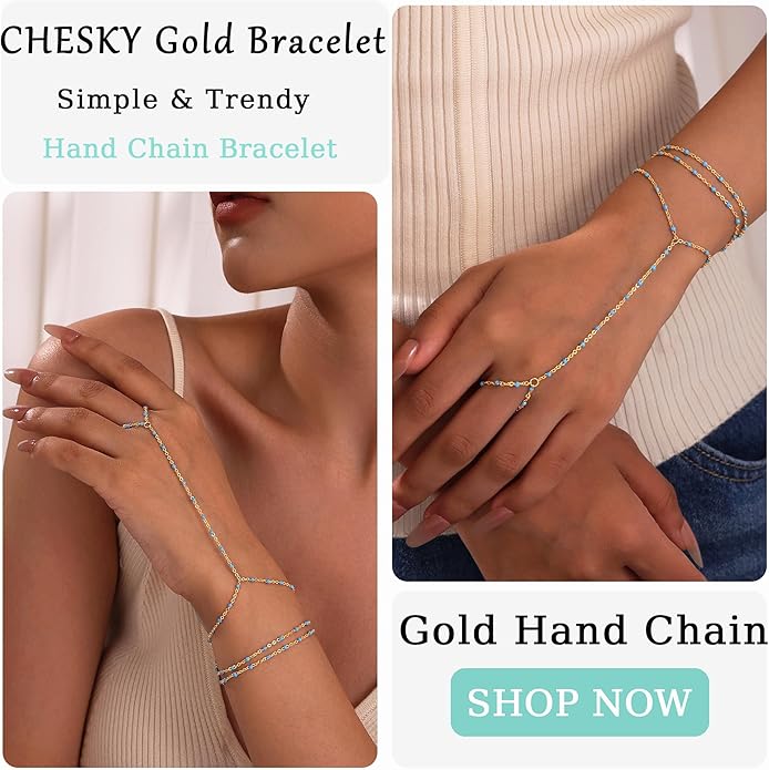 CHESKY 14K Gold Plated Hand Chain Bracelets for Women Set - Dainty Finger Ring Bracelet Stack Adjustable Hand Chains Durable Beaded Bracelets Trendy Simple Body Jewelry Gift for Women