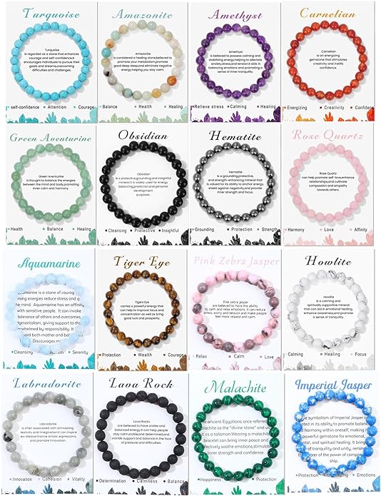 16PCS Natural Crystal Bracelets for Women Men - 8mm Semi-Precious Gemstone Beaded Bracelets, Round Gemstones Stretch Bracelet, Yoga Bracelets Jewelry Gifts