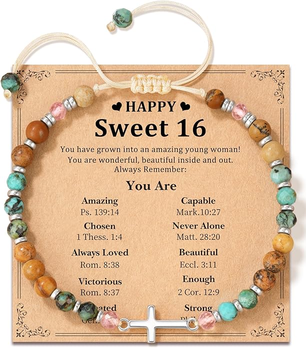 Cross Bracelet for Girls 10 13 16 Year Old Birthday Gifts, Natural Stone Adjustable Christian Jewelry with Inspirational Card for Daughter Granddaughter Niece