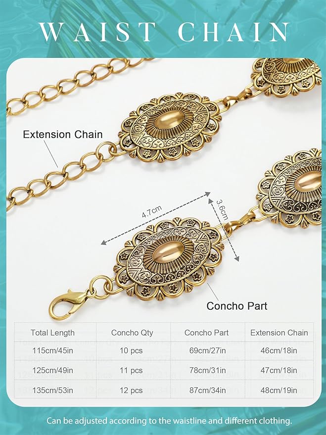 FIORETTO Metal Waist Chain Link Belt for Women Western Cowgirl Boho Turquoise Belts for Dress Jeans Country Concert Outfit