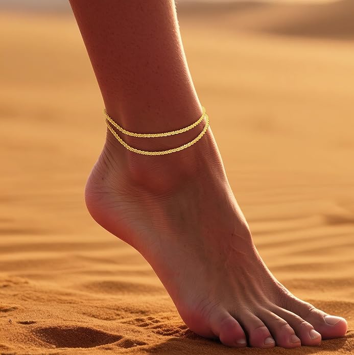 DEARMAY Dainty 14K Gold Plated Ankle Bracelets for Women, Waterproof 14K Gold Plated Link Chain Anklets Non Tarnish Set Pack Summer Beach Jewelry Gift