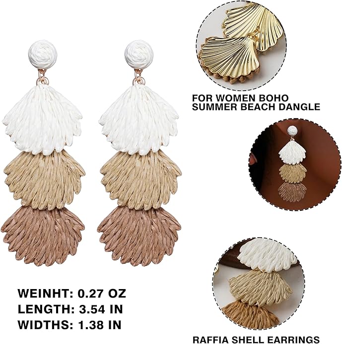 Raffia Dangle Earrings for Women - Boho Statement Rattan Drop Jewelry with Shell Design, Lightweight Summer Beach Trendy Accessories