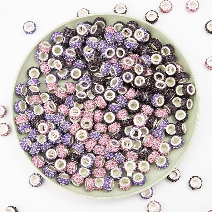 200 Pieces European Large Hole Spacer Beads, Purple European Craft Beads Rhinestone Lampwork Beads Fairy Garden Beads for DIY Charms Bracelet Necklace Earring Jewelry Making Supplies
