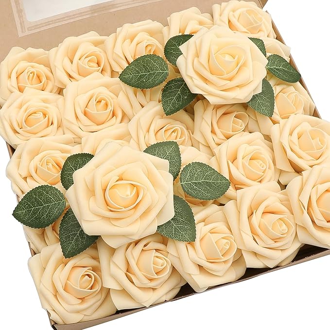 Artificial Flowers 50pcs Real Looking Creamy Yellow Foam Fake Roses by Floroom