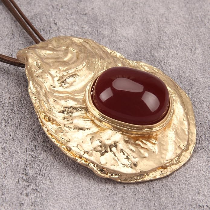 GelConnie Leather Necklace for Women Large Pendant Long Brown Necklace Circle Leather Choker Vintage Sweater Necklace Gold Chunky Boho Necklaces for Women