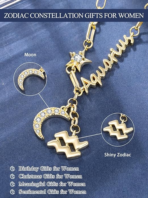 14K Gold/Rose Gold Zodiac Necklace for Women - Horoscope Constellation Pendant with Moon and Star, Luxury Birthday Gifts Jewelry for Her (12 Zodiac Signs)