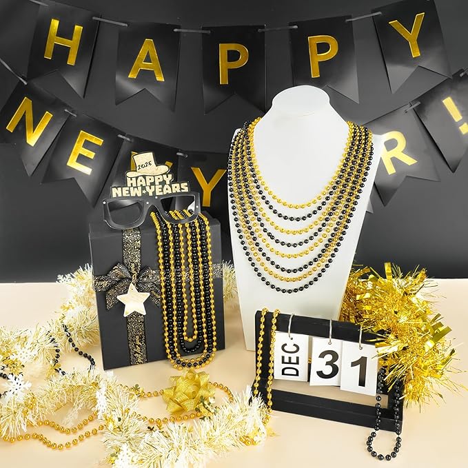 SHAOQINLIN 100 PCS Gold Black New Year Necklaces, 33'' Happy New Year Eve Necklaces Accessories, 2026 New Year Party Beads for New Year's Day, Halloween, Christmas, Carnival Party Favors