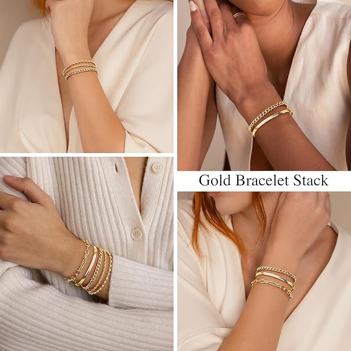 Gold Bracelets Set for Women Stack, Dainty Thick Bracelets Stack for Women Trendy, Simple Thin Gold Plated Cuff Stackable Bracelets With Beaded Cuban Paperclip Snake Rope Bangle Hand Chain Jewelry Gifts for Women Non Tainish