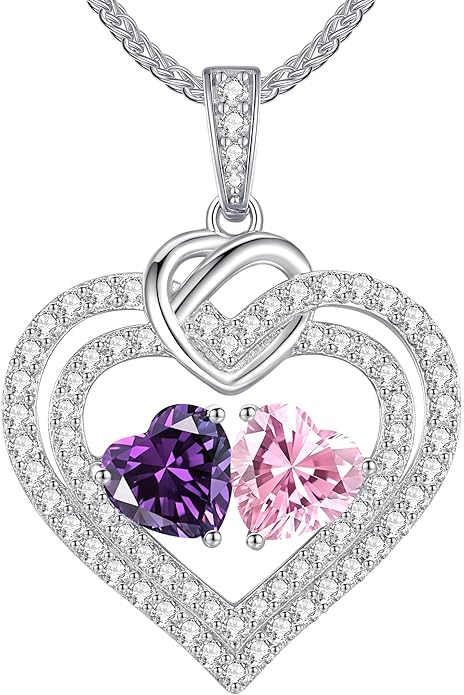 LOUISA SECRET Sparkling Double Heart Birthstone Necklaces for Women, 925 Sterling Silver Fine Jewelry, Pendant Heart Necklaces Birthday Anniversary Christmas Gift for Women Wife Mom Girlfriend Lady