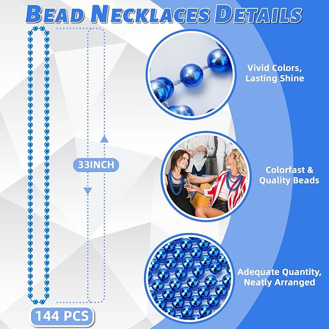 YAXINRUI 144 PCS Blue Bead Necklaces, Blue Christmas Mardi Gras Beads, Patriotic Necklace, 33 Inch Round Beaded Necklaces for Mardi Gras Christmas 4th of July Festive Events