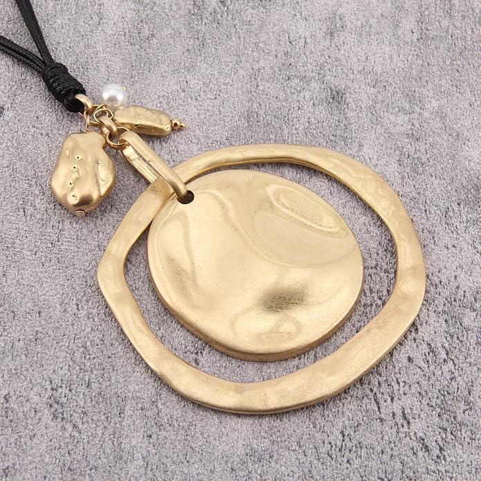 GelConnie Leather Necklace for Women Large Pendant Long Brown Necklace Circle Leather Choker Vintage Sweater Necklace Gold Chunky Boho Necklaces for Women