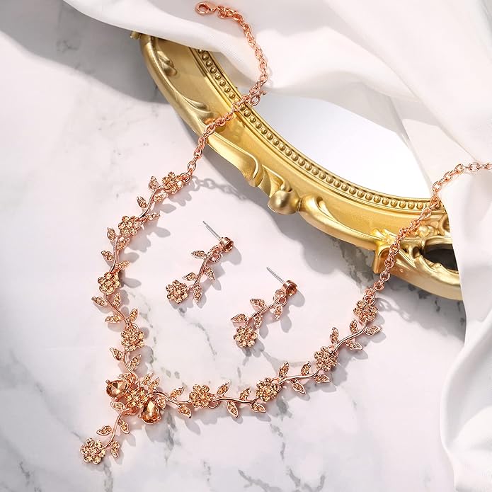 BriLove Women's Wedding Jewelry Leaf Cluster Flower Crystal Dangle Earrings Pendant Necklace Set for Bridal