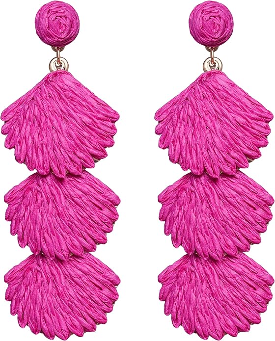 Raffia Dangle Earrings for Women - Boho Statement Rattan Drop Jewelry with Shell Design, Lightweight Summer Beach Trendy Accessories