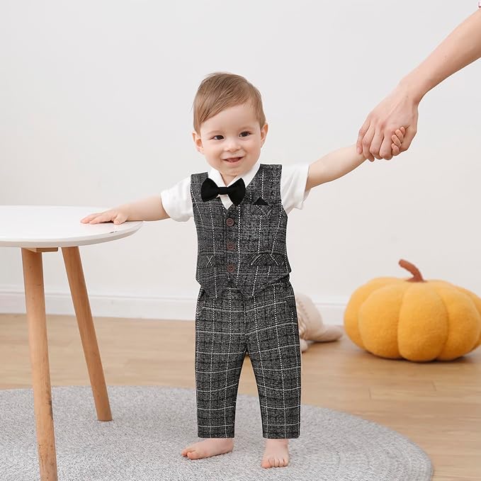DISAUR Baby Boy Clothes Toddler Boy Outfits 4PCS Gentleman Dress Romper/Vest/Pants/Bow Tie Cotton Suit Sets