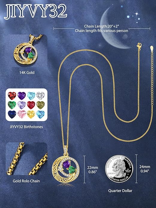 14K Gold Moon and Star Necklace Gifts for Women - Double Heart Birthstone Necklace, Valentines Wedding Anniversary Birthday Gifts for Her Wife Mom Daughter Grandma Sister