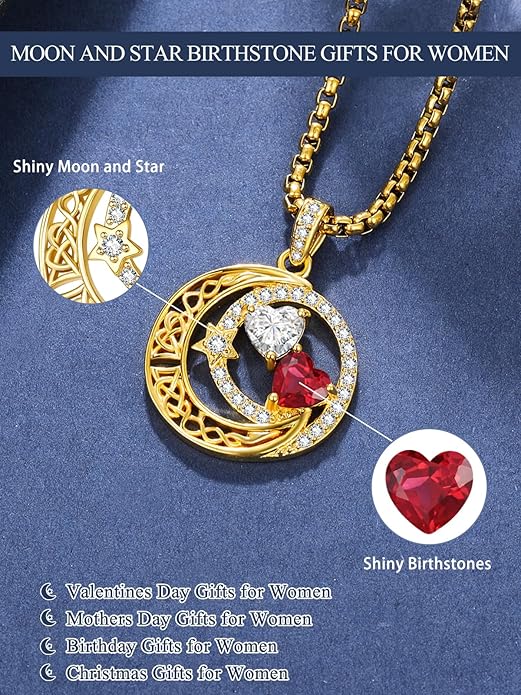 14K Gold Moon and Star Necklace Gifts for Women - Double Heart Birthstone Necklace, Valentines Wedding Anniversary Birthday Gifts for Her Wife Mom Daughter Grandma Sister