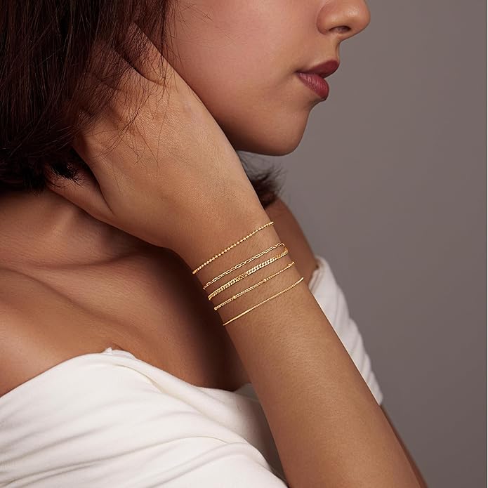 Gold Bracelets Set for Women Stack, Dainty Thick Bracelets Stack for Women Trendy, Simple Thin Gold Plated Cuff Stackable Bracelets With Beaded Cuban Paperclip Snake Rope Bangle Hand Chain Jewelry Gifts for Women Non Tainish