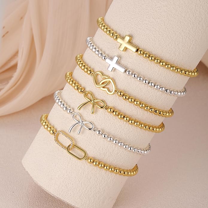 Gold Bracelets for Women, Cute 14K Gold/Silver Plated Stretch Beaded Bracelets for Women Trendy Stackable Charm Bracelet Dainty Adjustable Waterproof Non Tarnish Jewelry Gifts for Her